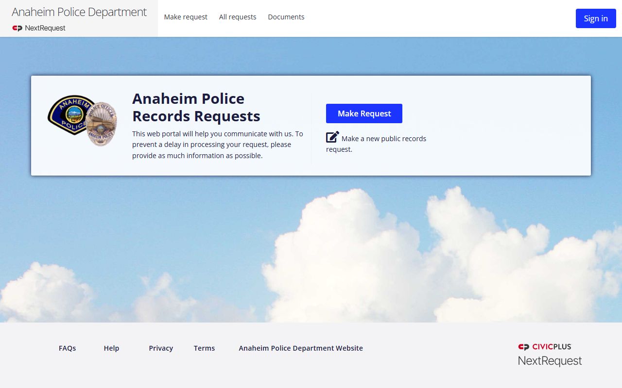 Anaheim Police Department records request portal for criminal history searches