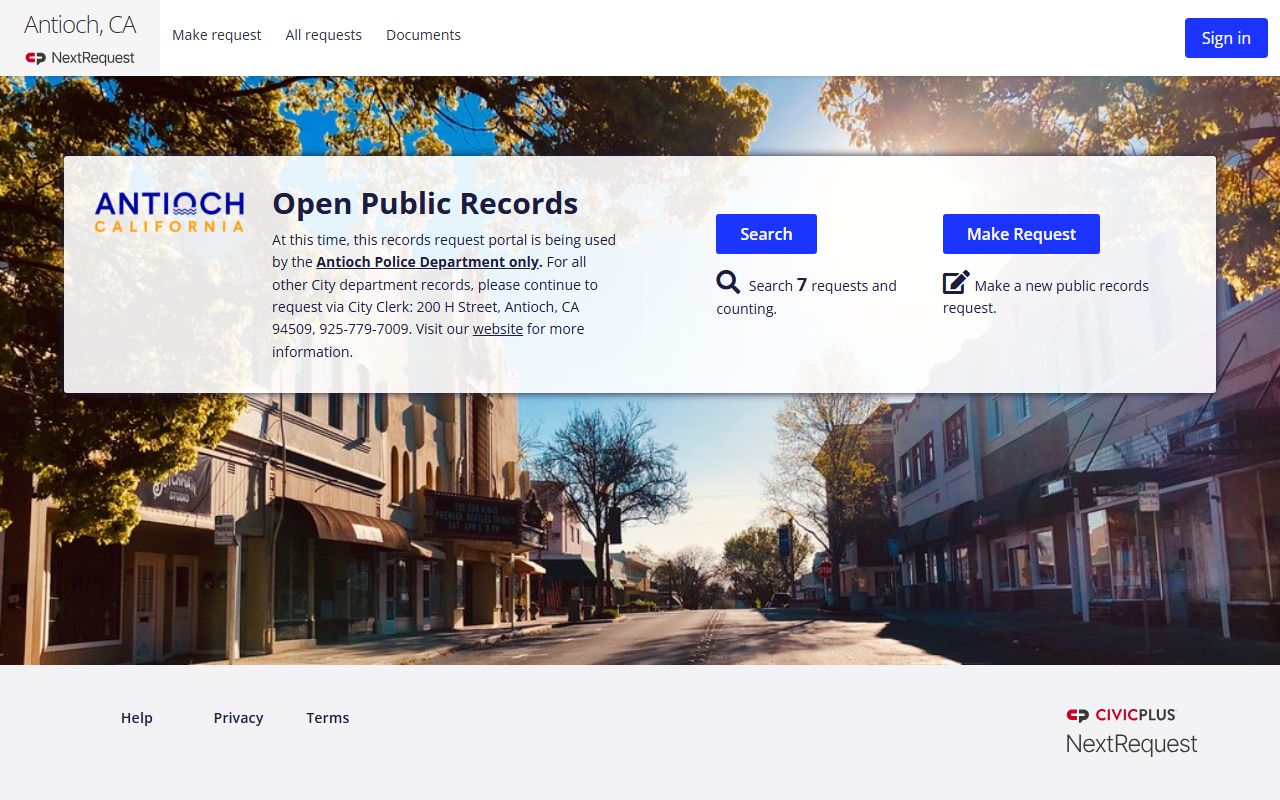 Antioch Police Department NextRequest portal for criminal records