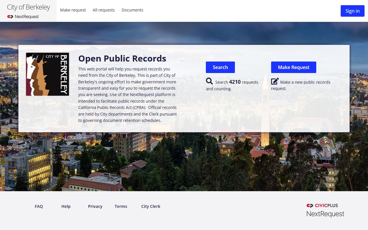 Berkeley Police Department NextRequest portal for criminal history records