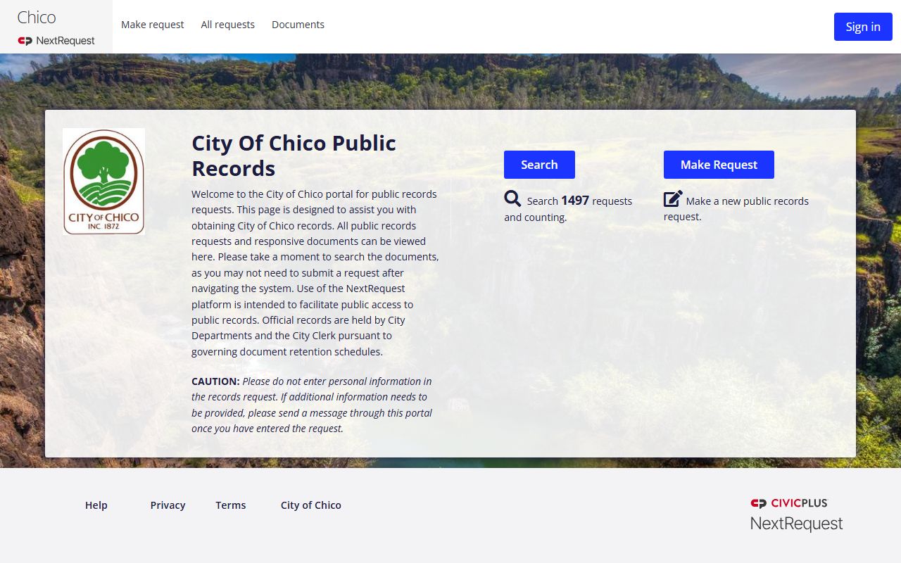 Chico Police Department NextRequest records portal for criminal history