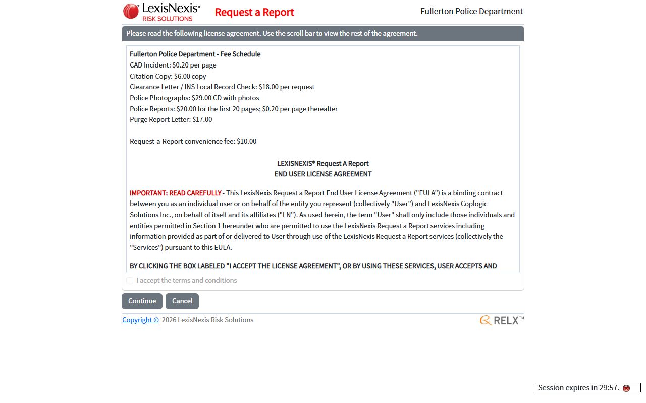 Fullerton Police Department online records request system for criminal history
