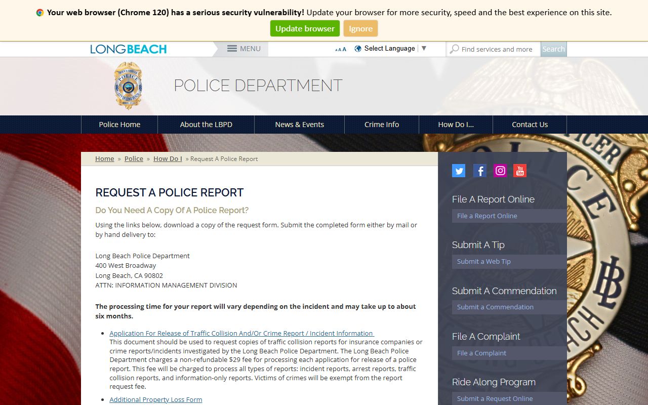 Long Beach police department records request page for criminal history