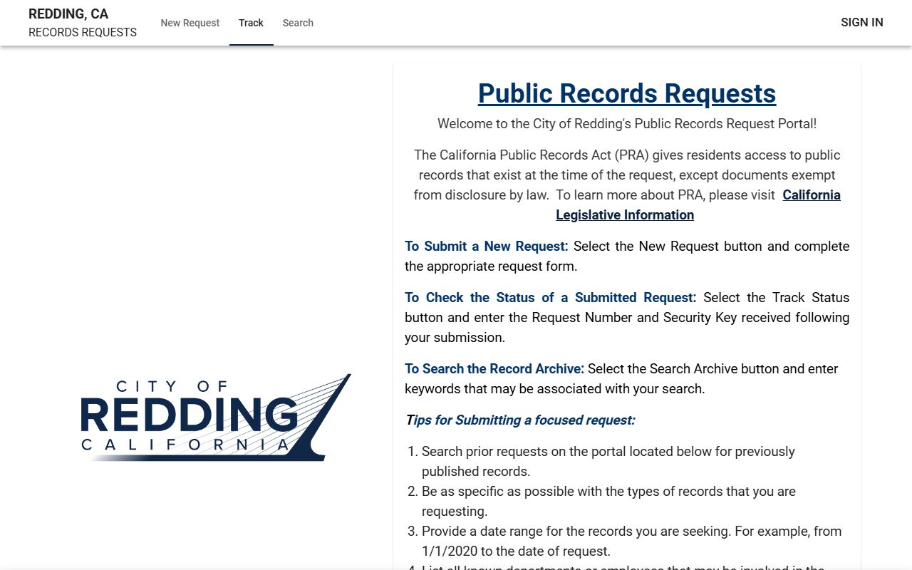 Redding Police Department public records request portal for criminal history