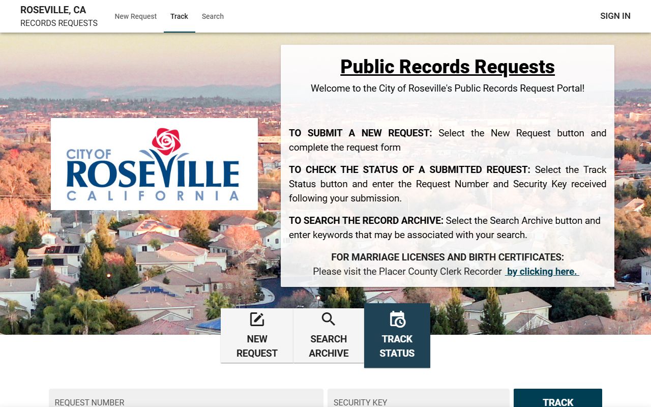 Roseville Police Department JustFOIA public records portal for criminal history