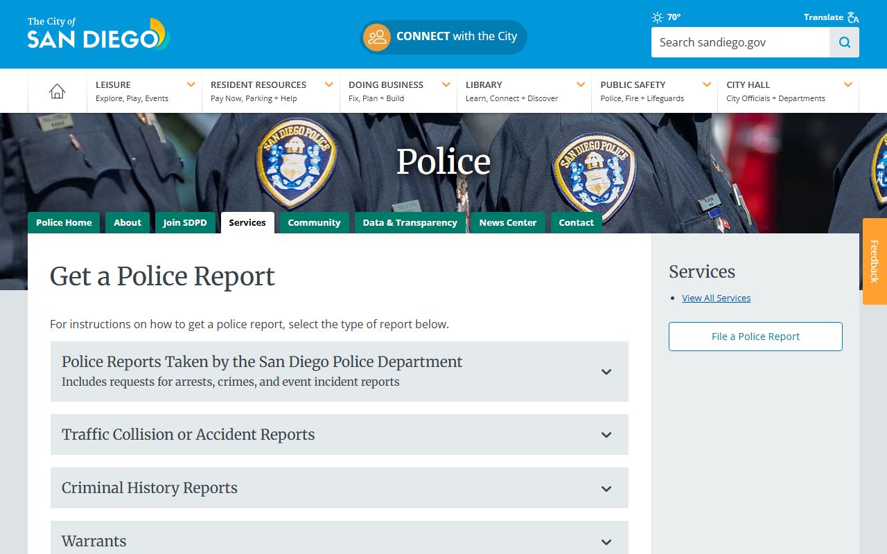 San Diego Police Department records request page for criminal history
