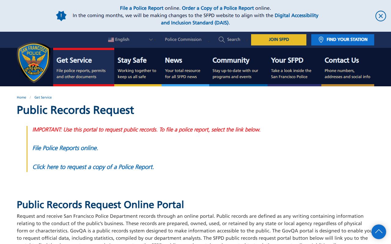 San Francisco Police Department public records request page for criminal history