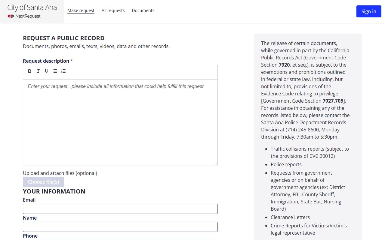 Santa Ana police records request portal for criminal history