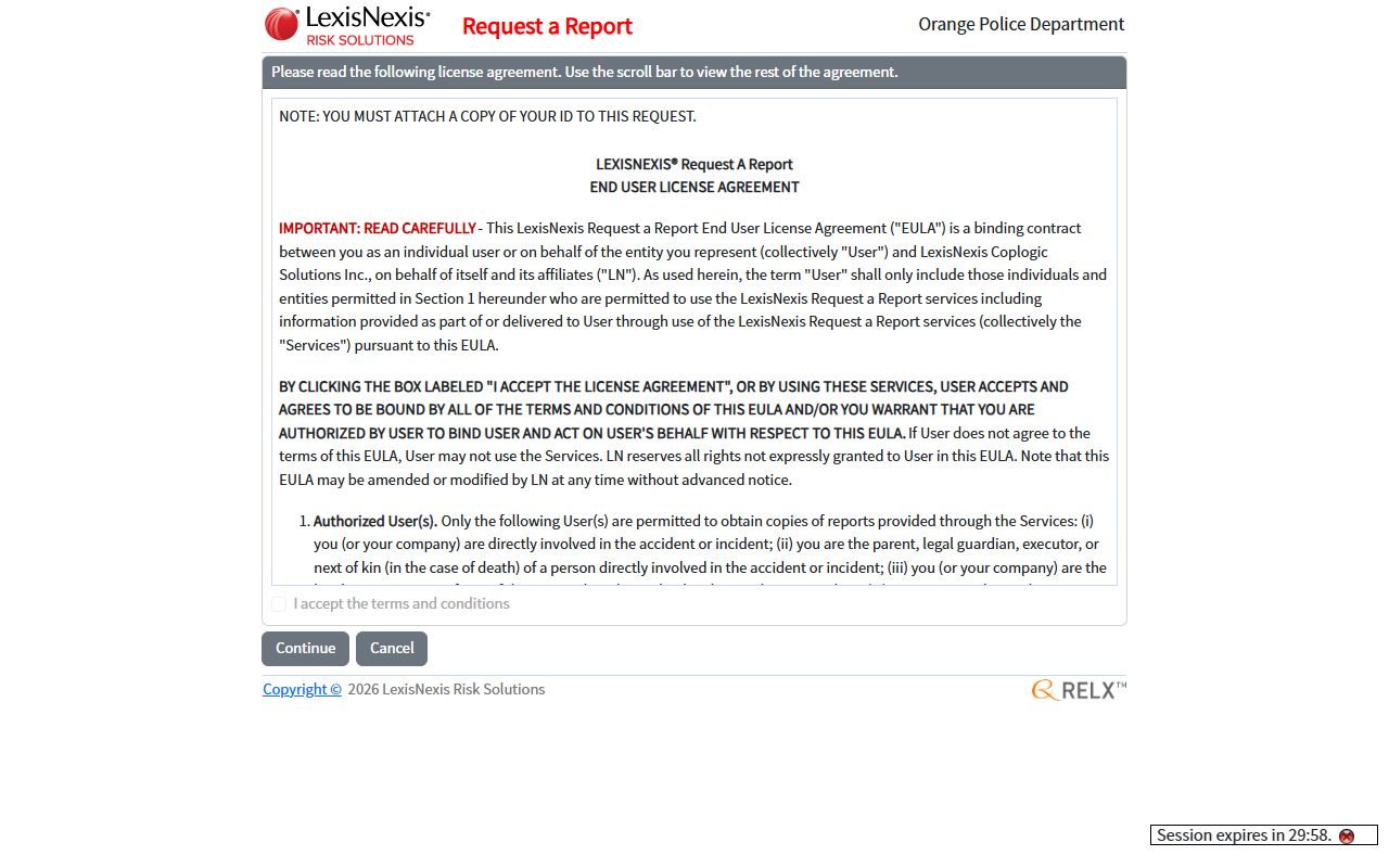 Orange police department online reporting system for criminal history records