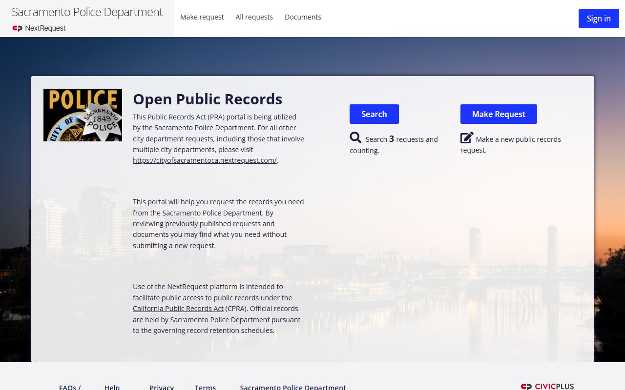 Sacramento Police Department NextRequest portal for public records