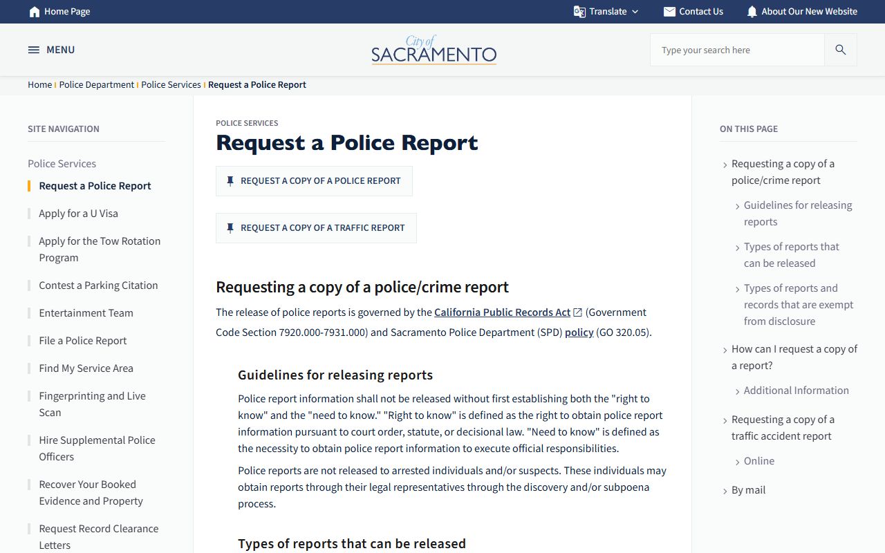 Sacramento Police Department records request page for criminal history