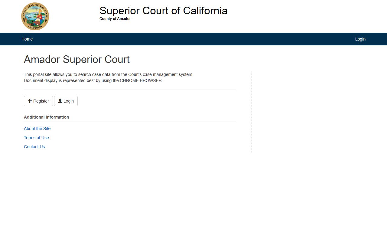 Amador County Superior Court online portal for searching criminal case records