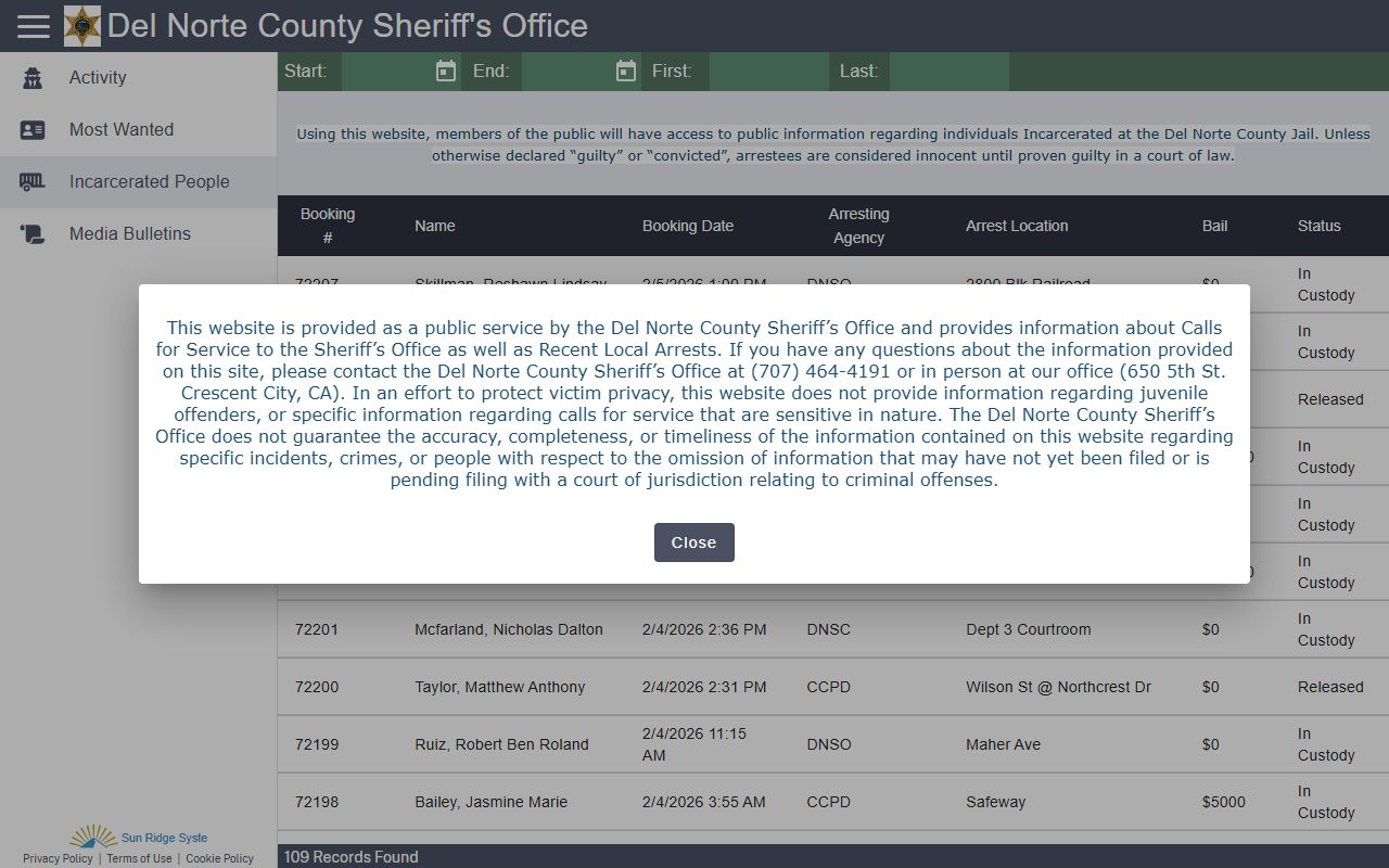 Del Norte County Sheriff inmate custody list showing current jail bookings