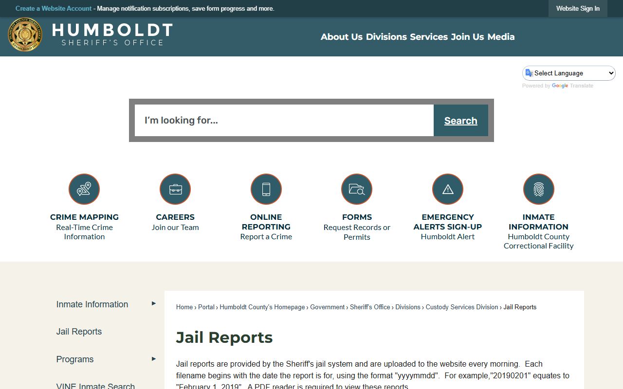 Humboldt County Sheriff jail reports showing booking records and criminal charges