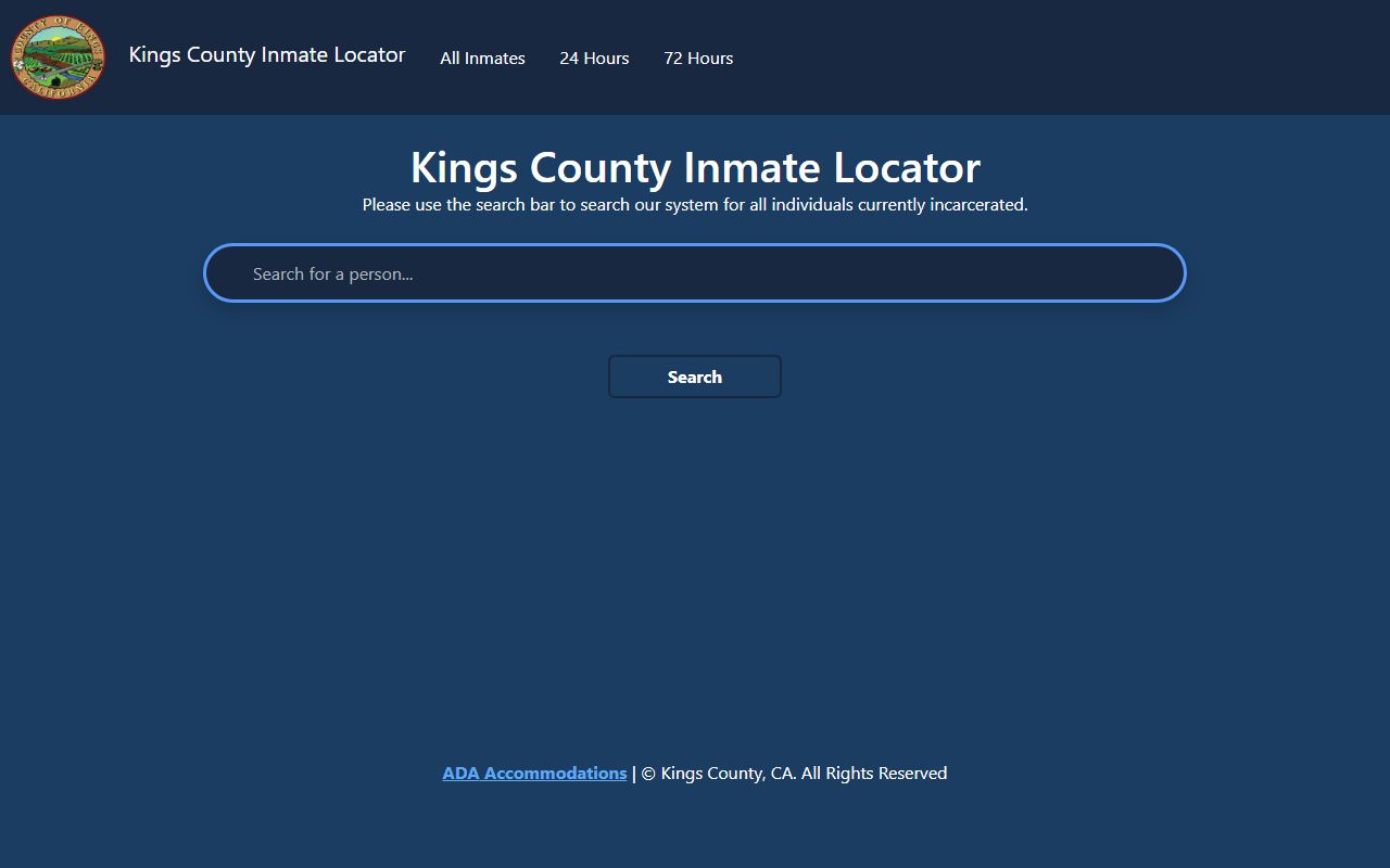 Kings County Sheriff inmate locator showing current jail bookings and charges