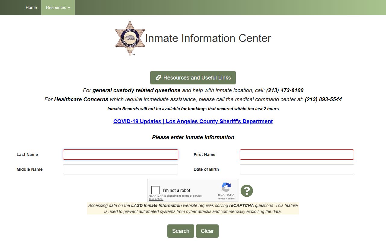 Los Angeles County Sheriff inmate locator search tool