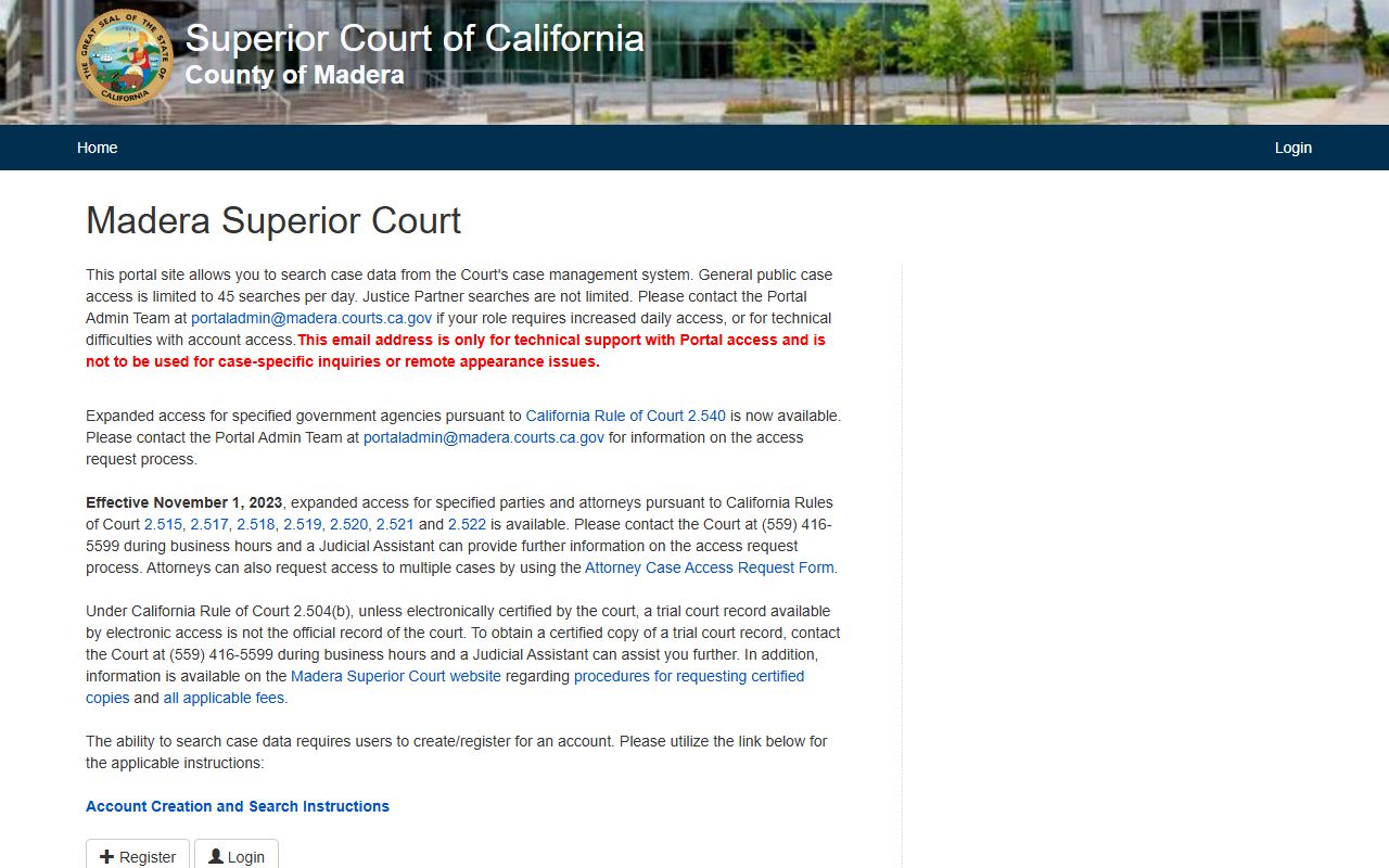Madera County Superior Court online case search portal for criminal records