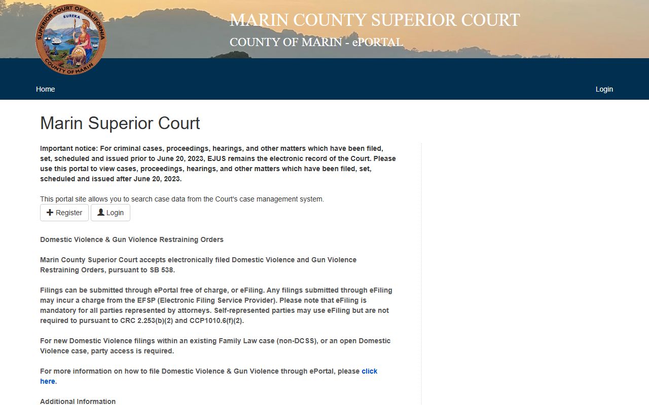 Marin County Superior Court online e-portal for criminal case searches