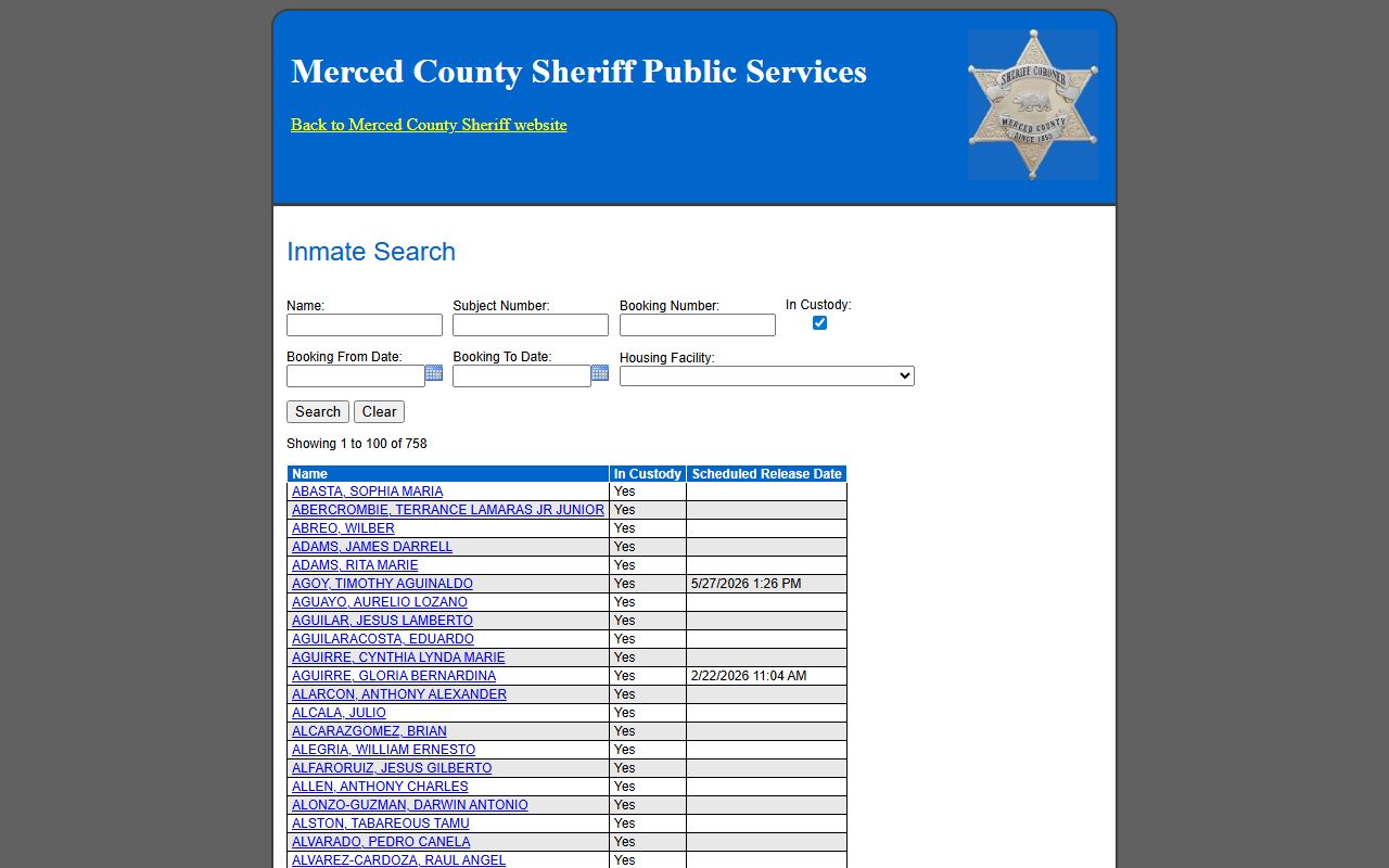 Merced County Sheriff inmate inquiry search tool for jail booking lookups