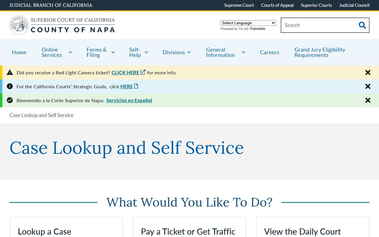 Napa County Superior Court case lookup tool for criminal record searches