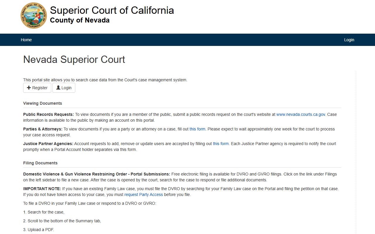 Nevada County Superior Court online case search portal for criminal record lookups