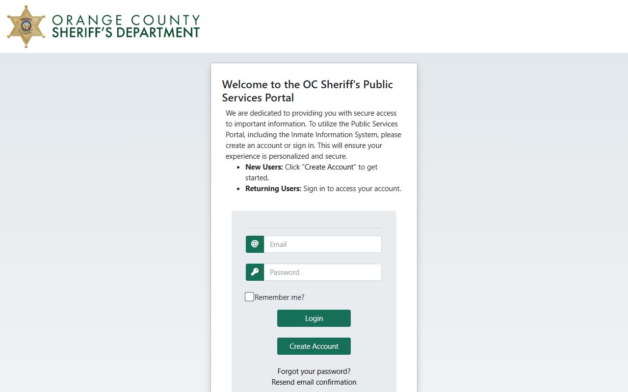 Orange County Sheriff public services portal for inmate and booking searches