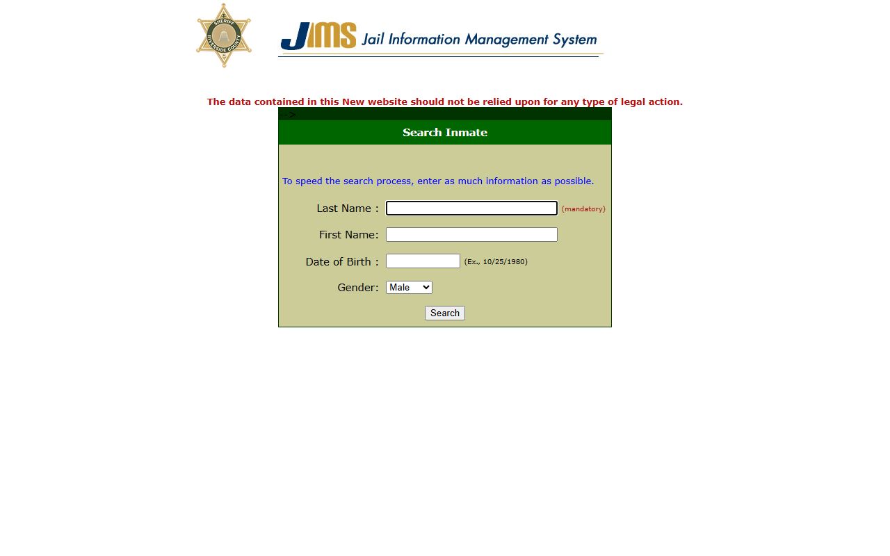 Riverside County Sheriff inmate information management system search tool