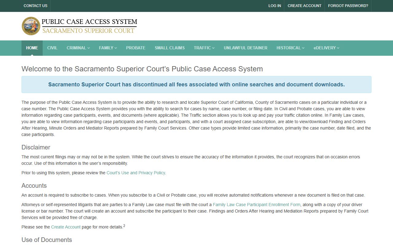 Sacramento County Superior Court public case access system for criminal record searches