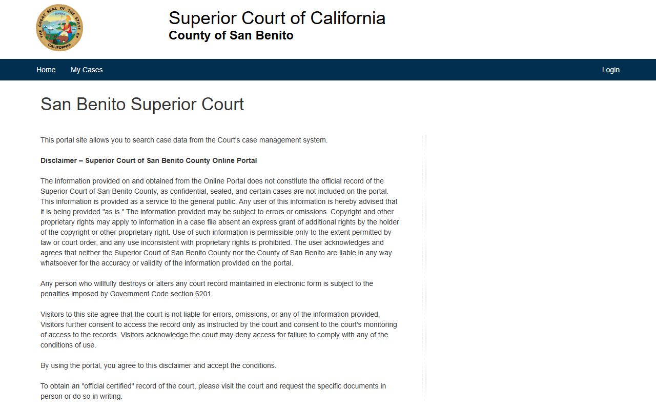 San Benito County Superior Court public portal for criminal case record searches