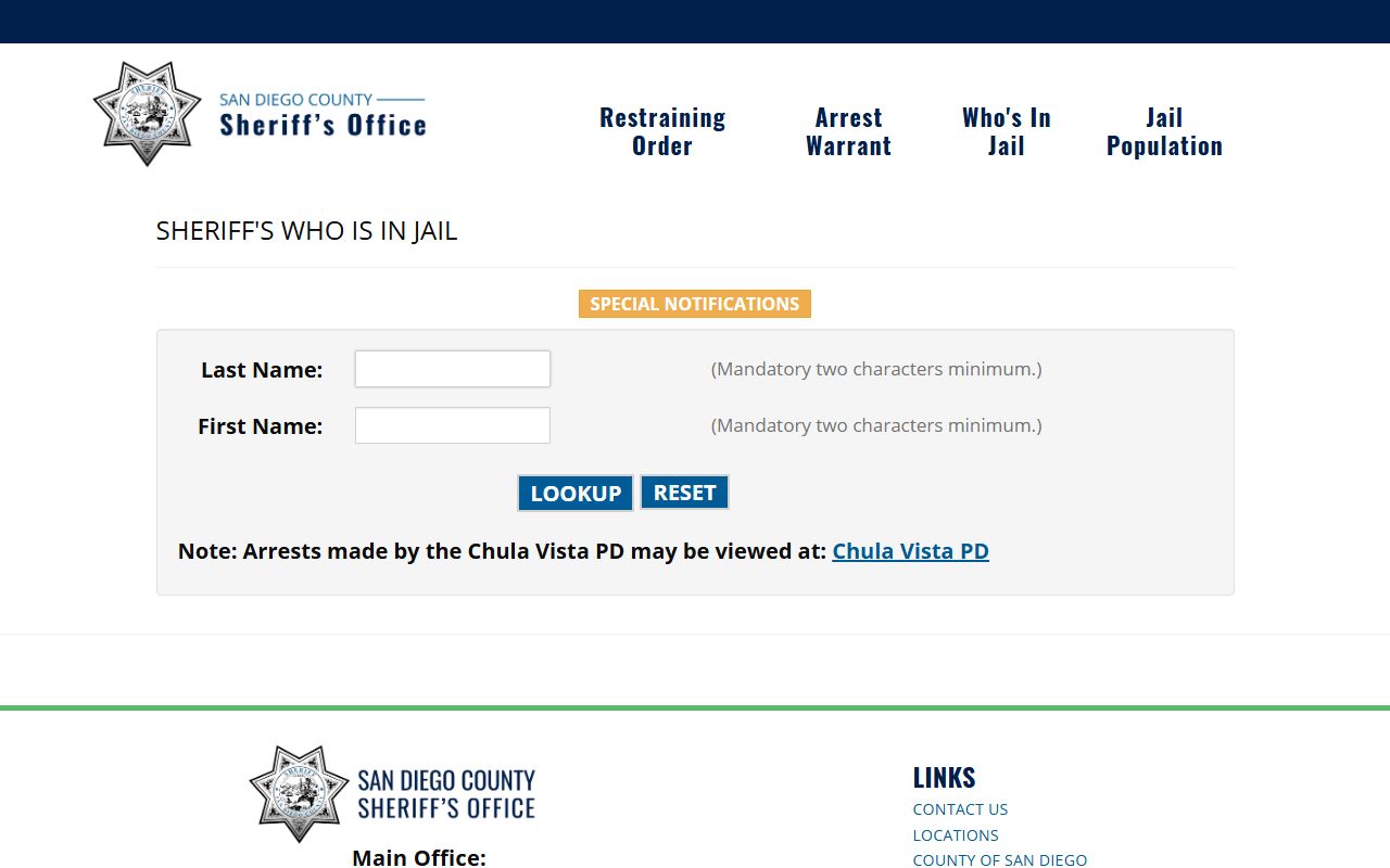 San Diego County Sheriff Who's In Jail inmate search tool