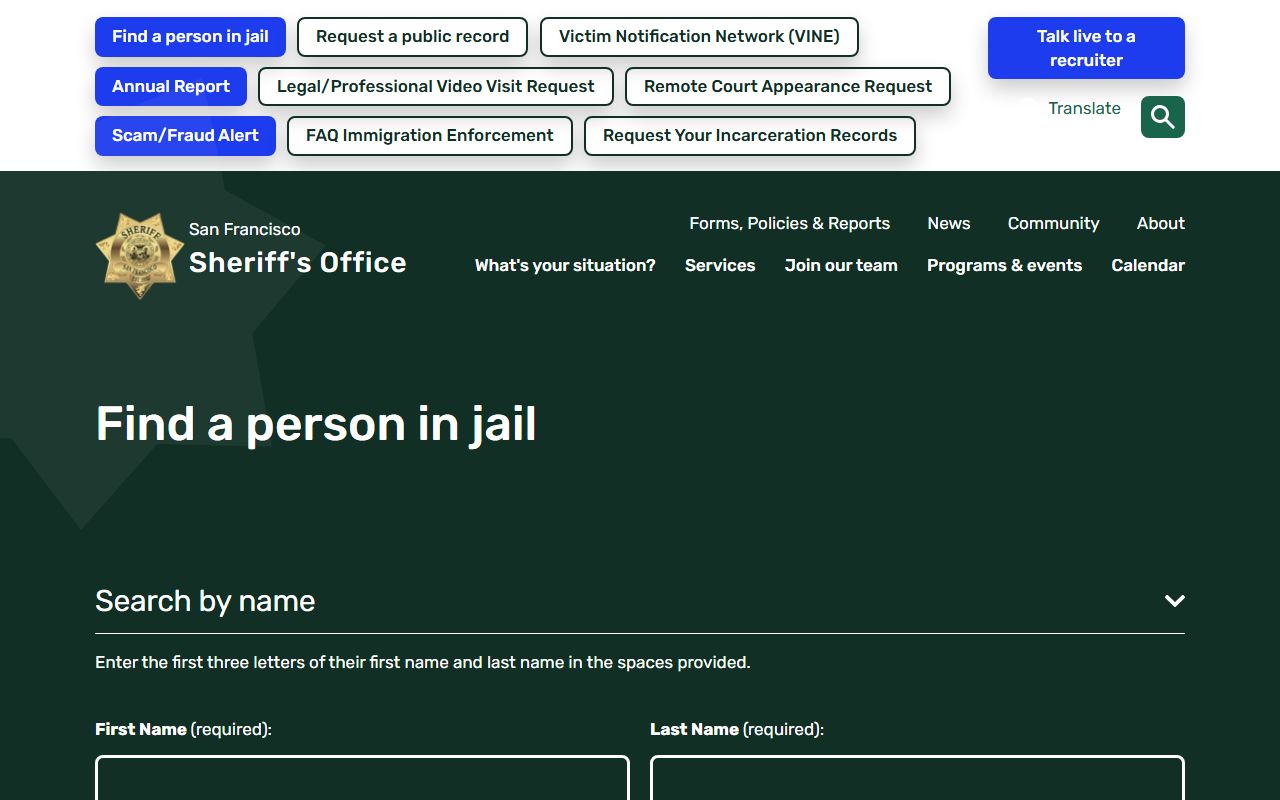 San Francisco County Sheriff inmate search tool for jail bookings