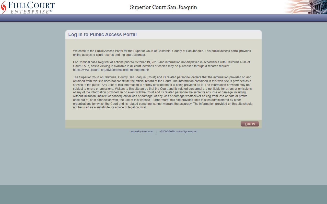 San Joaquin County Superior Court FullCourt case search portal for criminal records