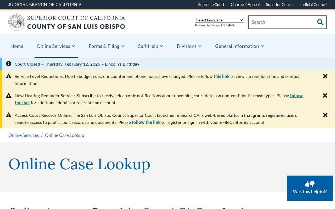San Luis Obispo County Superior Court online case lookup for criminal records