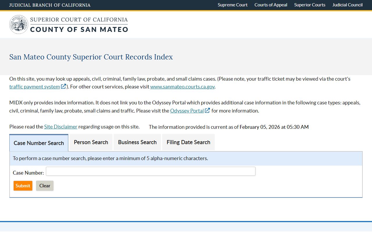San Mateo County Superior Court Master Index criminal case search portal