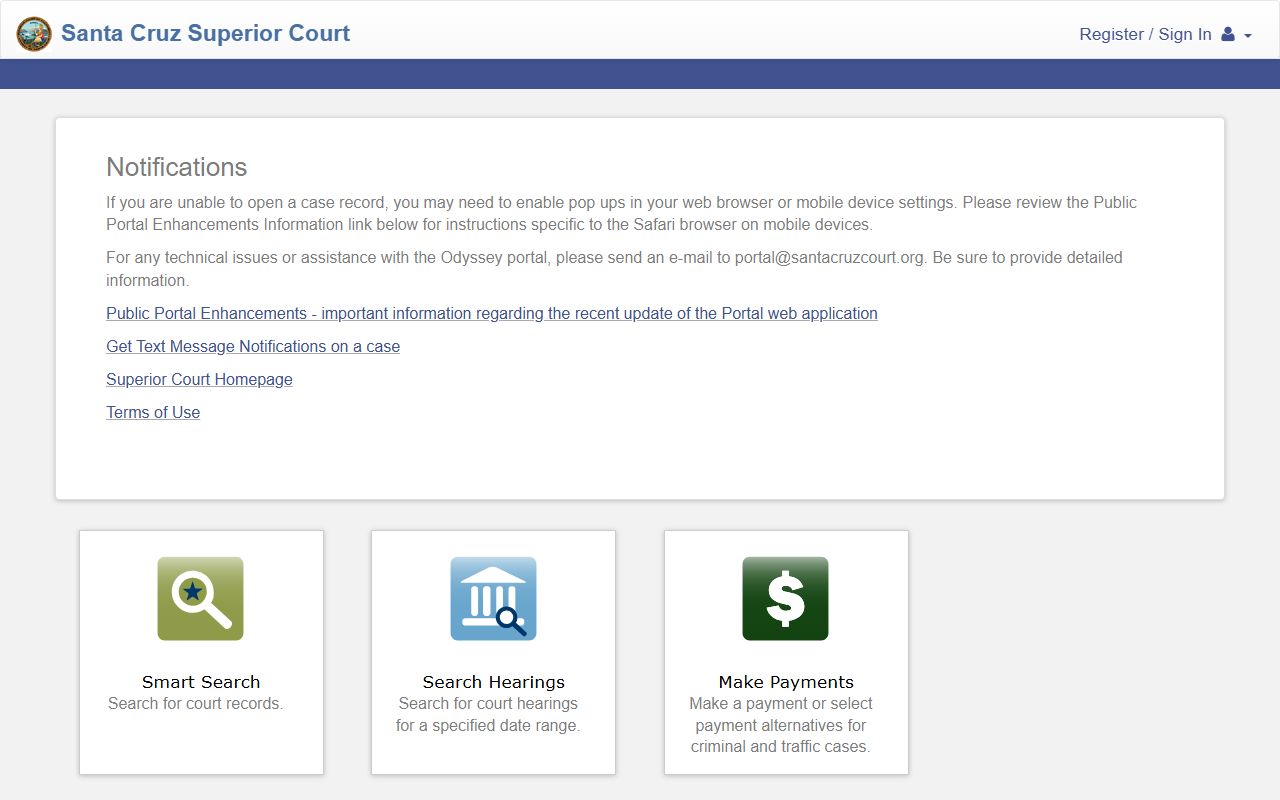 Santa Cruz County Superior Court Odyssey portal for criminal case searches