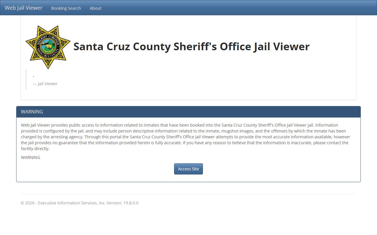 Santa Cruz County Sheriff jail viewer showing current inmates and booking data