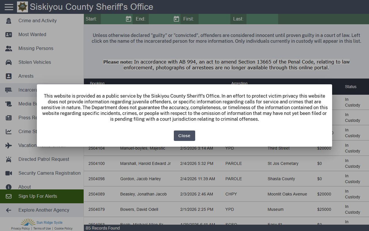 Siskiyou County Sheriff incarcerated people search tool for current jail bookings
