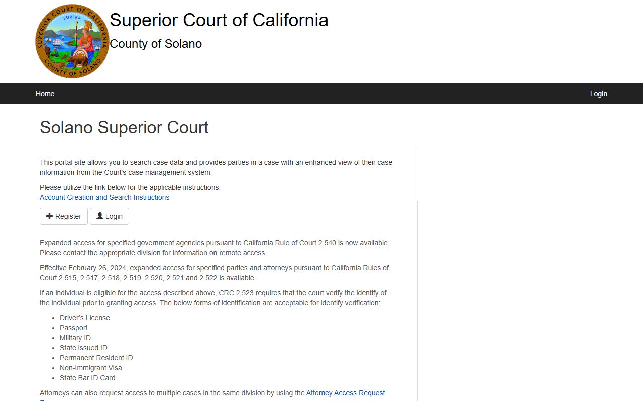 Solano County Superior Court case portal for searching criminal records online