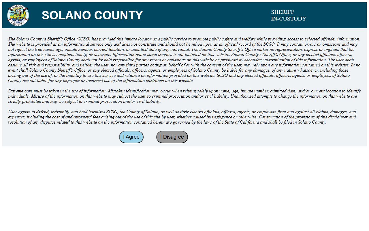 Solano County Sheriff inmate search tool for current jail bookings and custody status