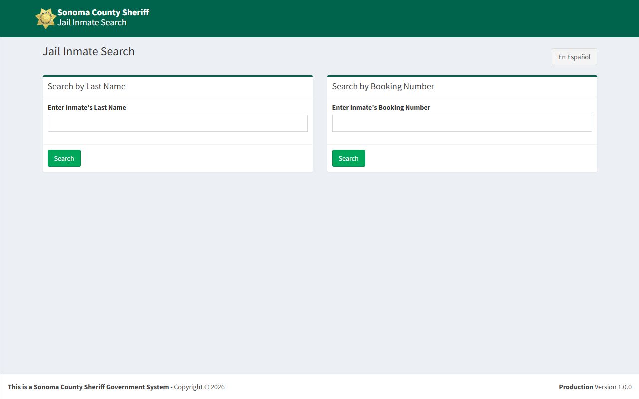 Sonoma County Sheriff jail inmate search tool for current custody and booking data