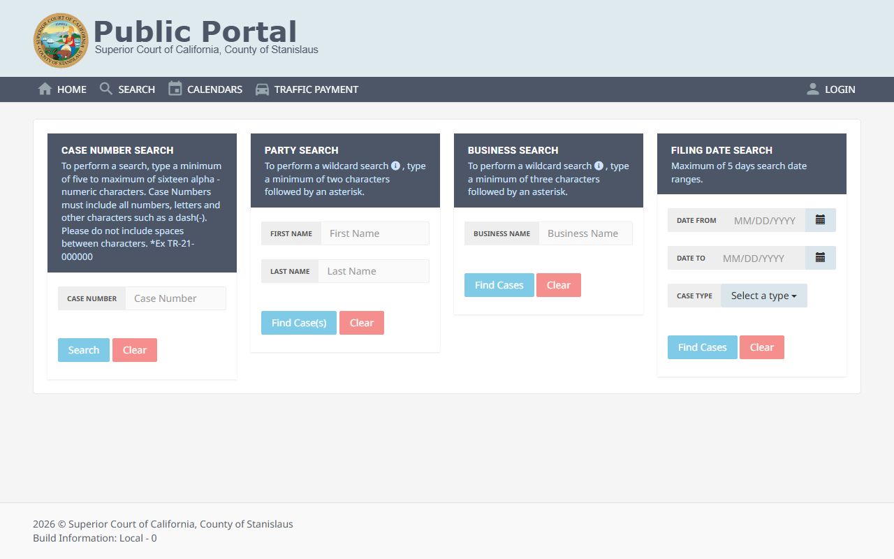 Stanislaus County Superior Court criminal case search portal showing search fields for criminal records