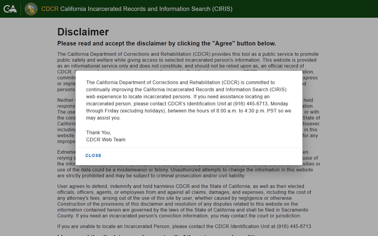 California CDCR inmate search tool for criminal history records