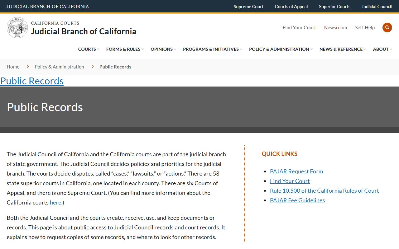 California Courts public records page for criminal case files