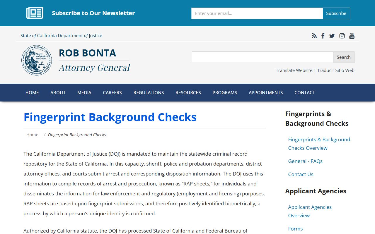 California DOJ background check page for criminal history records