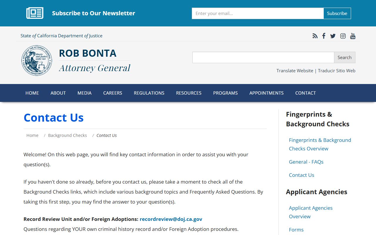 California DOJ contact directory for criminal history requests