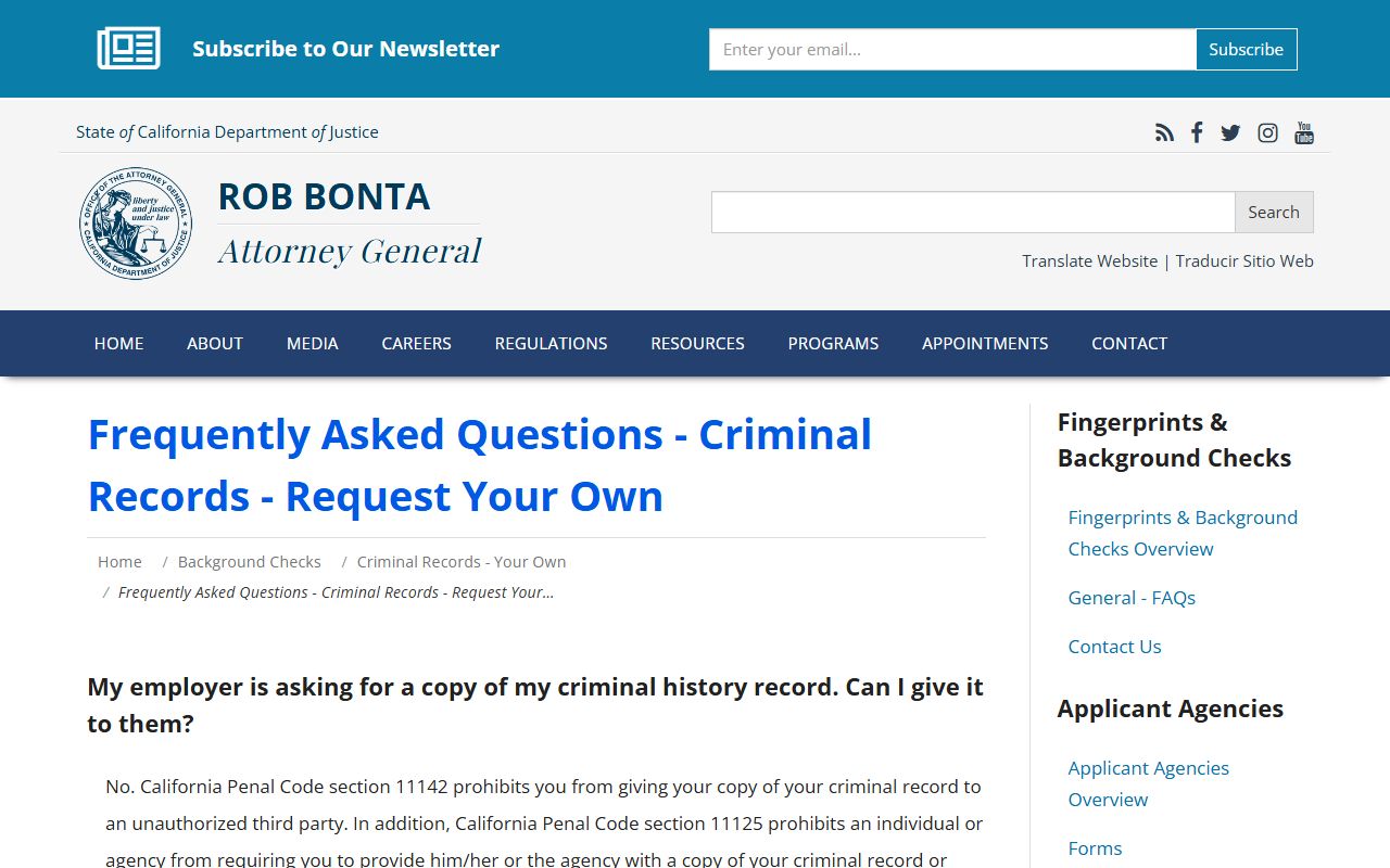 California DOJ FAQ page for criminal history questions