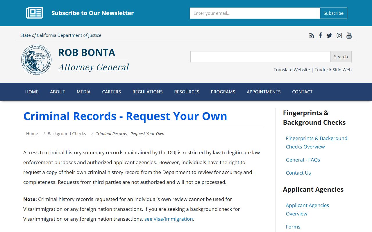 California DOJ individual criminal record request page