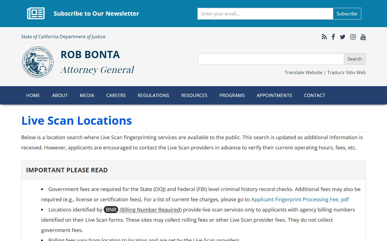 California DOJ Live Scan locations for criminal history fingerprinting