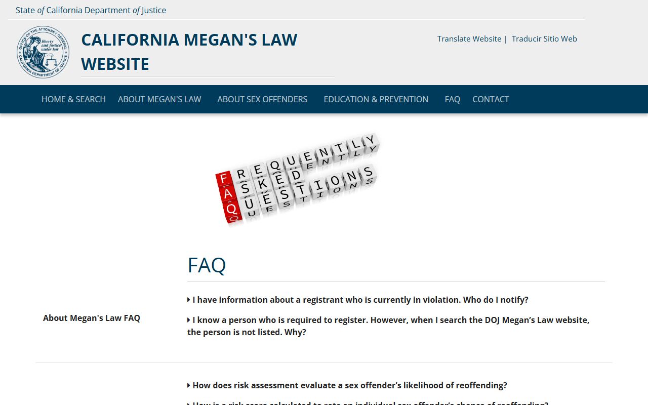 California Megan's Law FAQ page for sex offender criminal records
