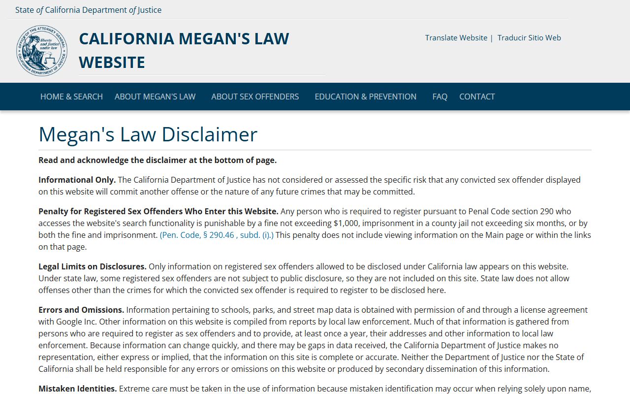 California Megan's Law sex offender registry search
